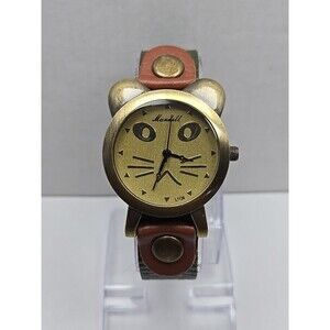 Mundell Cats Face Womens Quartz Watch Green Leather Strap Brass Tone New Battery